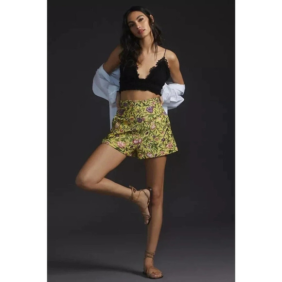 NWT La Fuori x Anthropologie Silk Blend Embroidered Shorts Size L Yellow - Picture 6 of 14